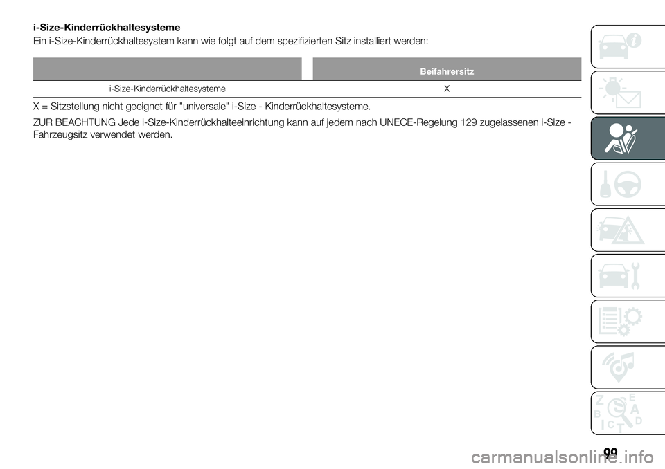 FIAT 124 SPIDER 2020  Betriebsanleitung (in German) i-Size-Kinderrückhaltesysteme
Ein i-Size-Kinderrückhaltesystem kann wie folgt auf dem spezifizierten Sitz installiert werden:
Beifahrersitz
i-Size-Kinderrückhaltesysteme X
X = Sitzstellung nicht ge