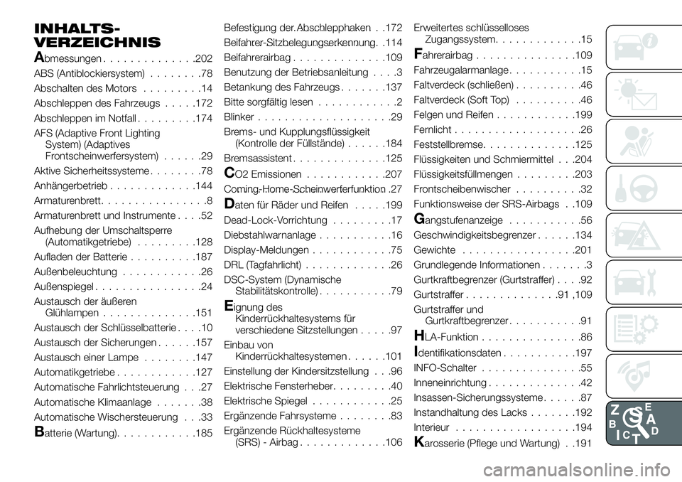 FIAT 124 SPIDER 2021 Betriebsanleitung (in German) INHALTS-
VERZEICHNIS
Abmessungen..............202
ABS (Antiblockiersystem)........78
Abschalten des Motors.........14
Abschleppen des Fahrzeugs.....172
Abschleppen im Notfall.........174
AFS (Adaptive FIAT 124 SPIDER 2021 Betriebsanleitung (in German) INHALTS-
VERZEICHNIS
Abmessungen..............202
ABS (Antiblockiersystem)........78
Abschalten des Motors.........14
Abschleppen des Fahrzeugs.....172
Abschleppen im Notfall.........174
AFS (Adaptive