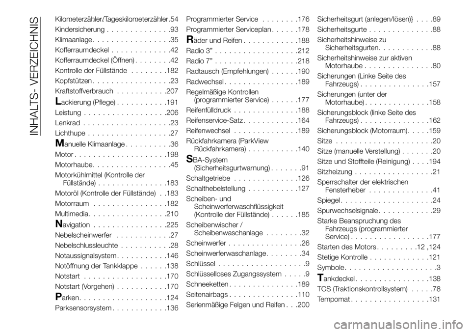 FIAT 124 SPIDER 2021  Betriebsanleitung (in German) Kilometerzähler/Tageskilometerzähler.......................54
Kindersicherung..............93
Klimaanlage.................35
Kofferraumdeckel.............42
Kofferraumdeckel (Öffnen)........42
Kont