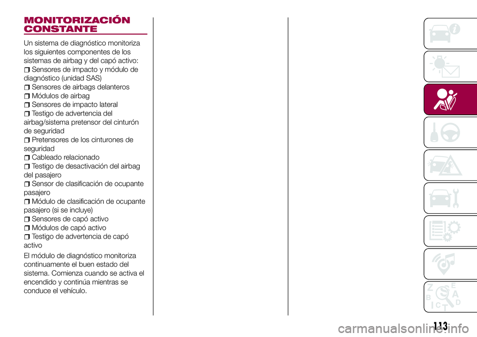 FIAT 124 SPIDER 2018 Manual de Empleo y Cuidado (in Spanish) MONITORIZACIÓN
CONSTANTE
Un sistema de diagnóstico monitoriza
los siguientes componentes de los
sistemas de airbag y del capó activo:
Sensores de impacto y módulo de
diagnóstico (unidad SAS)
Sens FIAT 124 SPIDER 2018 Manual de Empleo y Cuidado (in Spanish) MONITORIZACIÓN
CONSTANTE
Un sistema de diagnóstico monitoriza
los siguientes componentes de los
sistemas de airbag y del capó activo:
Sensores de impacto y módulo de
diagnóstico (unidad SAS)
Sens