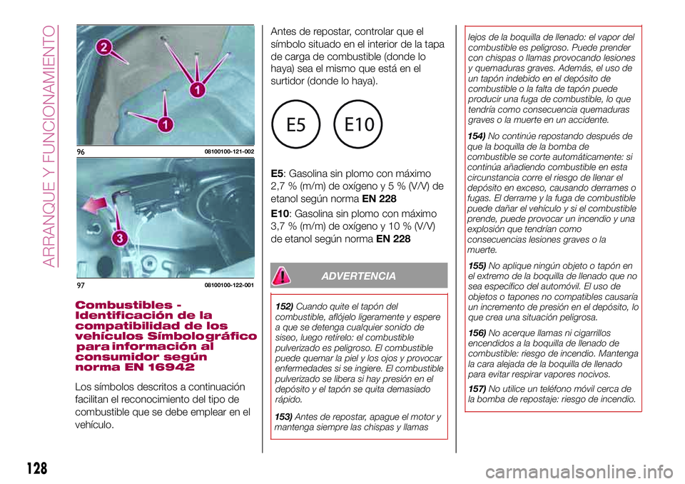 FIAT 124 SPIDER 2018 Manual de Empleo y Cuidado (in Spanish) ADVERTENCIA
152)Cuando quite el tapón del
combustible, aflójelo ligeramente y espere
a que se detenga cualquier sonido de
siseo, luego retírelo: el combustible
pulverizado es peligroso. El combusti FIAT 124 SPIDER 2018 Manual de Empleo y Cuidado (in Spanish) ADVERTENCIA
152)Cuando quite el tapón del
combustible, aflójelo ligeramente y espere
a que se detenga cualquier sonido de
siseo, luego retírelo: el combustible
pulverizado es peligroso. El combusti