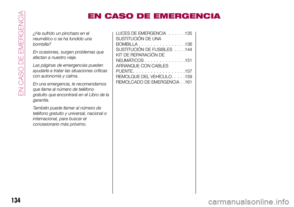 FIAT 124 SPIDER 2018  Manual de Empleo y Cuidado (in Spanish) EN CASO DE EMERGENCIA
¿Ha sufrido un pinchazo en el
neumático o se ha fundido una
bombilla?
En ocasiones, surgen problemas que
afectan a nuestro viaje.
Las páginas de emergencias pueden
ayudarle a 