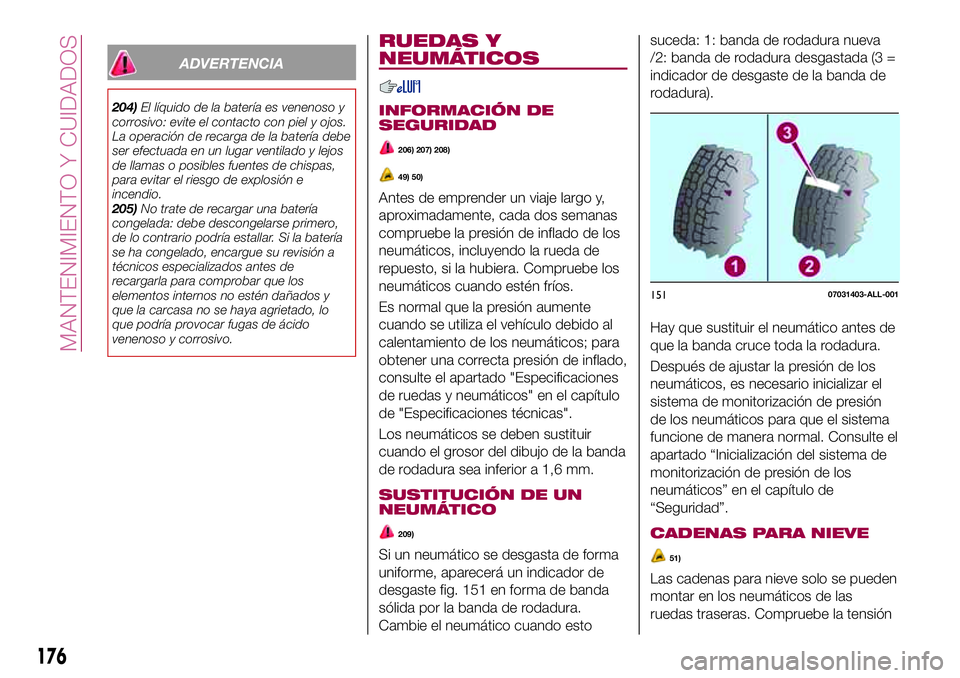 FIAT 124 SPIDER 2018 Manual de Empleo y Cuidado (in Spanish) ADVERTENCIA
204)El líquido de la batería es venenoso y
corrosivo: evite el contacto con piel y ojos.
La operación de recarga de la batería debe
ser efectuada en un lugar ventilado y lejos
de llama FIAT 124 SPIDER 2018 Manual de Empleo y Cuidado (in Spanish) ADVERTENCIA
204)El líquido de la batería es venenoso y
corrosivo: evite el contacto con piel y ojos.
La operación de recarga de la batería debe
ser efectuada en un lugar ventilado y lejos
de llama