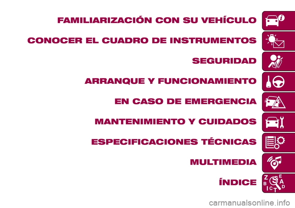 FIAT 124 SPIDER 2018  Manual de Empleo y Cuidado (in Spanish) FAMILIARIZACIÓN CON SU VEHÍCULO
CONOCER EL CUADRO DE INSTRUMENTOS
SEGURIDAD
ARRANQUE Y FUNCIONAMIENTO
EN CASO DE EMERGENCIA
MANTENIMIENTO Y CUIDADOS
ESPECIFICACIONES TÉCNICAS
MULTIMEDIA
ÍNDICE 
