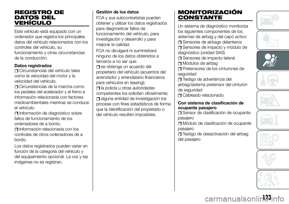 FIAT 124 SPIDER 2021 Manual de Empleo y Cuidado (in Spanish) REGISTRO DE
DATOS DEL
VEHÍCULO
Este vehículo está equipado con un
ordenador que registra los principales
datos del vehículo relacionados con los
controles del vehículo, su
funcionamiento y otras FIAT 124 SPIDER 2021 Manual de Empleo y Cuidado (in Spanish) REGISTRO DE
DATOS DEL
VEHÍCULO
Este vehículo está equipado con un
ordenador que registra los principales
datos del vehículo relacionados con los
controles del vehículo, su
funcionamiento y otras