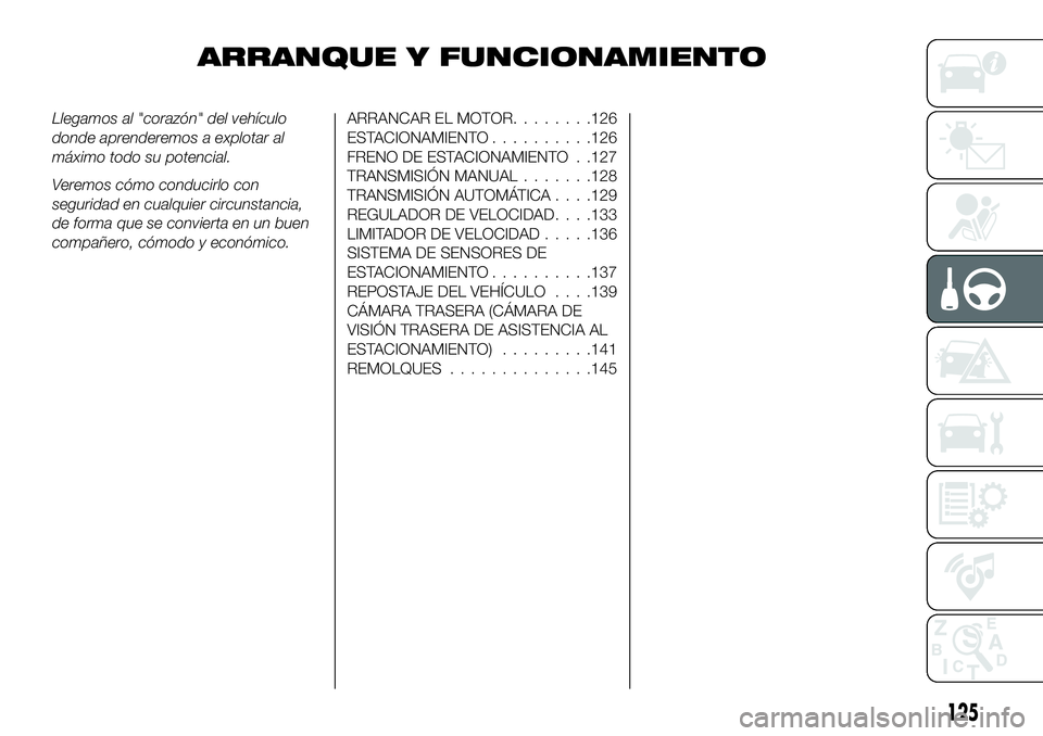 FIAT 124 SPIDER 2021 Manual de Empleo y Cuidado (in Spanish) ARRANQUE Y FUNCIONAMIENTO
Llegamos al "corazón" del vehículo
donde aprenderemos a explotar al
máximo todo su potencial.
Veremos cómo conducirlo con
seguridad en cualquier circunstancia,
de FIAT 124 SPIDER 2021 Manual de Empleo y Cuidado (in Spanish) ARRANQUE Y FUNCIONAMIENTO
Llegamos al "corazón" del vehículo
donde aprenderemos a explotar al
máximo todo su potencial.
Veremos cómo conducirlo con
seguridad en cualquier circunstancia,
de