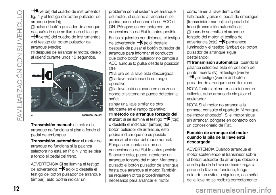 FIAT 124 SPIDER 2020  Manual de Empleo y Cuidado (in Spanish) (verde) del cuadro de instrumentos
fig.4yeltestigo del botón pulsador de
arranque (verde);
pulse el botón pulsador de arranque
después de que se iluminen el testigo
(verde) del cuadro de instrument