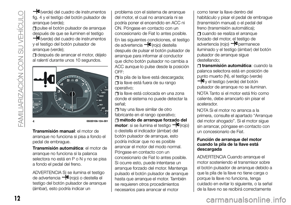 FIAT 124 SPIDER 2020 Manual de Empleo y Cuidado (in Spanish) (verde) del cuadro de instrumentos
fig.4yeltestigo del botón pulsador de
arranque (verde);
pulse el botón pulsador de arranque
después de que se iluminen el testigo
(verde) del cuadro de instrument FIAT 124 SPIDER 2020 Manual de Empleo y Cuidado (in Spanish) (verde) del cuadro de instrumentos
fig.4yeltestigo del botón pulsador de
arranque (verde);
pulse el botón pulsador de arranque
después de que se iluminen el testigo
(verde) del cuadro de instrument