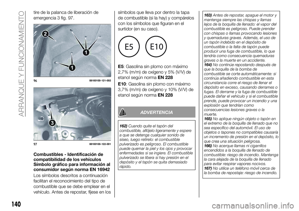 FIAT 124 SPIDER 2021 Manual de Empleo y Cuidado (in Spanish) tire de la palanca de liberación de
emergencia 3 fig. 97.
Combustibles - Identificación de
compatibilidad de los vehículos
Símbolo gráfico para información al
consumidor según norma EN 16942
Lo FIAT 124 SPIDER 2021 Manual de Empleo y Cuidado (in Spanish) tire de la palanca de liberación de
emergencia 3 fig. 97.
Combustibles - Identificación de
compatibilidad de los vehículos
Símbolo gráfico para información al
consumidor según norma EN 16942
Lo