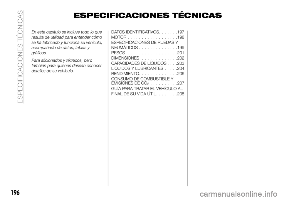 FIAT 124 SPIDER 2021  Manual de Empleo y Cuidado (in Spanish) ESPECIFICACIONES TÉCNICAS
En este capítulo se incluye todo lo que
resulta de utilidad para entender cómo
se ha fabricado y funciona su vehículo,
acompañado de datos, tablas y
gráficos.
Para afic