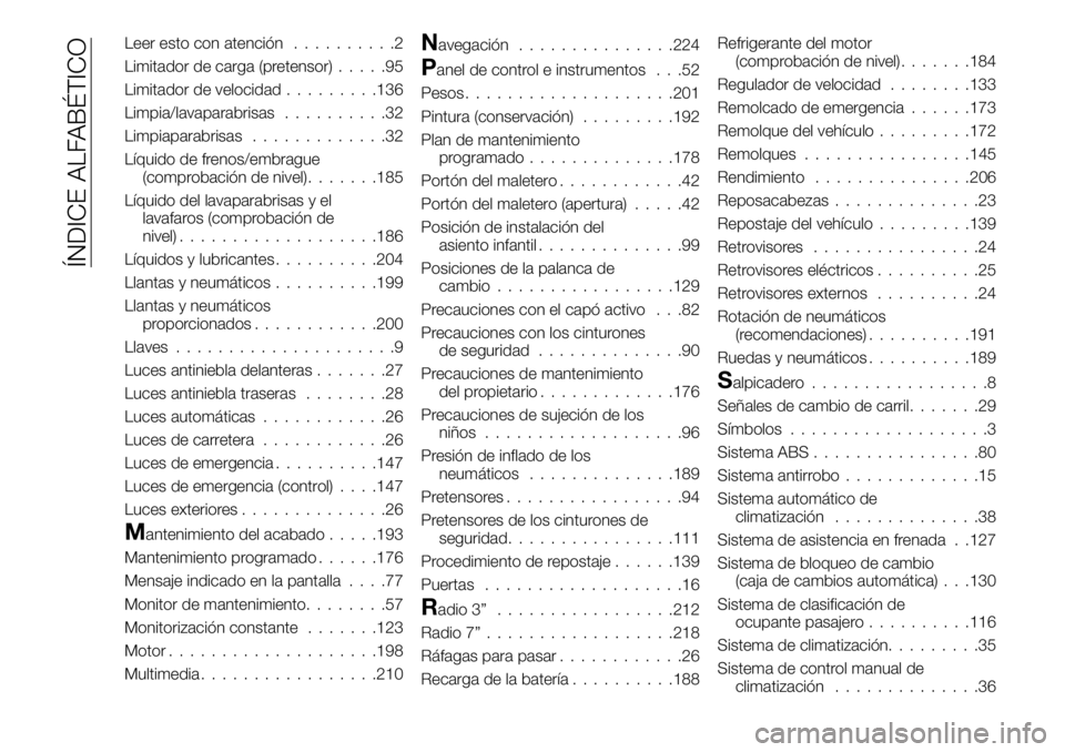 FIAT 124 SPIDER 2019 Manual de Empleo y Cuidado (in Spanish) Leer esto con atención..........2
Limitador de carga (pretensor).....95
Limitador de velocidad.........136
Limpia/lavaparabrisas..........32
Limpiaparabrisas.............32
Líquido de frenos/embragu FIAT 124 SPIDER 2019 Manual de Empleo y Cuidado (in Spanish) Leer esto con atención..........2
Limitador de carga (pretensor).....95
Limitador de velocidad.........136
Limpia/lavaparabrisas..........32
Limpiaparabrisas.............32
Líquido de frenos/embragu