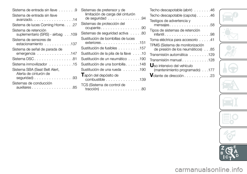 FIAT 124 SPIDER 2019  Manual de Empleo y Cuidado (in Spanish) Sistema de entrada sin llave.......9
Sistema de entrada sin llave
avanzado.................14
Sistema de luces Coming Home....27
Sistema de retención
suplementario (SRS) - airbag . . .109
Sistema de 