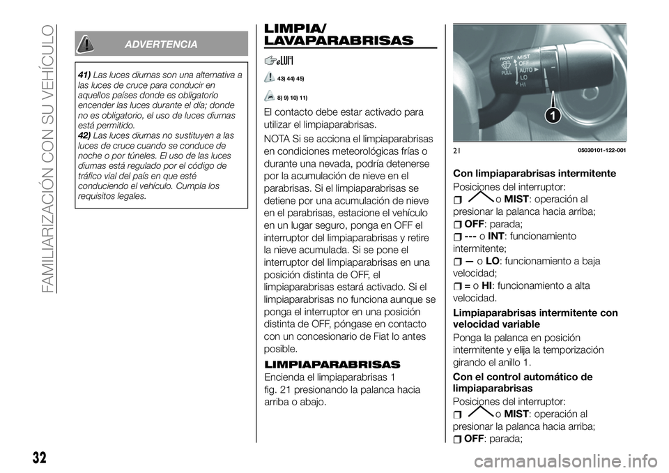 FIAT 124 SPIDER 2020 Manual de Empleo y Cuidado (in Spanish) ADVERTENCIA
41)Las luces diurnas son una alternativa a
las luces de cruce para conducir en
aquellos países donde es obligatorio
encender las luces durante el día; donde
no es obligatorio, el uso de FIAT 124 SPIDER 2020 Manual de Empleo y Cuidado (in Spanish) ADVERTENCIA
41)Las luces diurnas son una alternativa a
las luces de cruce para conducir en
aquellos países donde es obligatorio
encender las luces durante el día; donde
no es obligatorio, el uso de