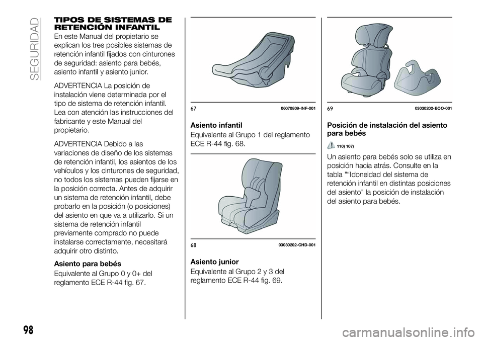 FIAT 124 SPIDER 2021 Manual de Empleo y Cuidado (in Spanish) TIPOS DE SISTEMAS DE
RETENCIÓN INFANTIL
En este Manual del propietario se
explican los tres posibles sistemas de
retención infantil fijados con cinturones
de seguridad: asiento para bebés,
asiento FIAT 124 SPIDER 2021 Manual de Empleo y Cuidado (in Spanish) TIPOS DE SISTEMAS DE
RETENCIÓN INFANTIL
En este Manual del propietario se
explican los tres posibles sistemas de
retención infantil fijados con cinturones
de seguridad: asiento para bebés,
asiento