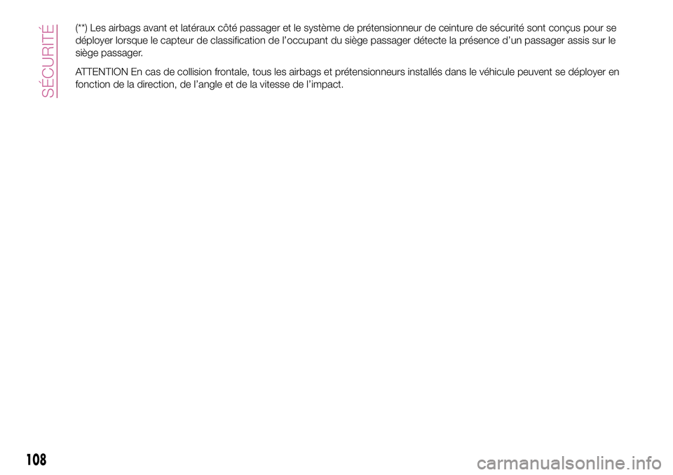 FIAT 124 SPIDER 2018 Notice dentretien (in French) (**) Les airbags avant et latéraux côté passager et le système de prétensionneur de ceinture de sécurité sont conçus pour se
déployer lorsque le capteur de classification de l’occupant du s FIAT 124 SPIDER 2018 Notice dentretien (in French) (**) Les airbags avant et latéraux côté passager et le système de prétensionneur de ceinture de sécurité sont conçus pour se
déployer lorsque le capteur de classification de l’occupant du s
