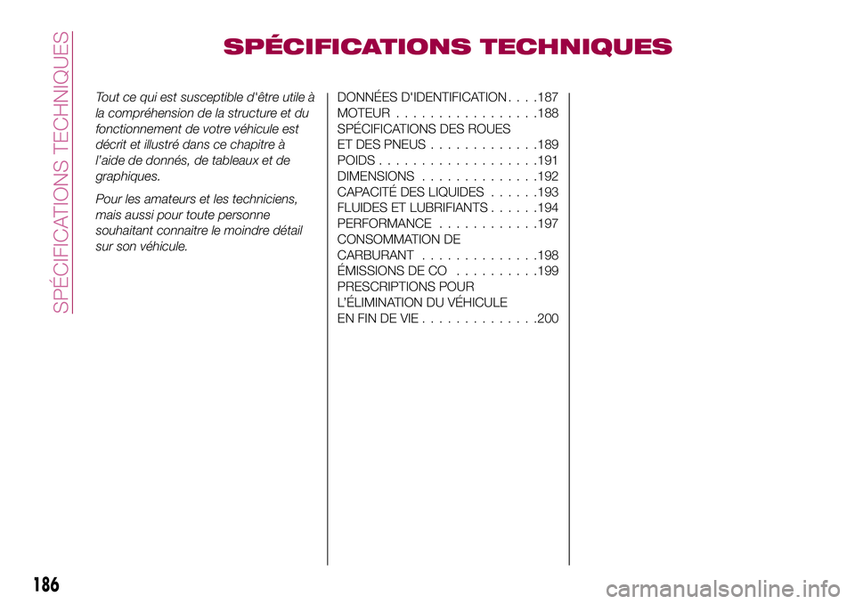 FIAT 124 SPIDER 2018  Notice dentretien (in French) SPÉCIFICATIONS TECHNIQUES
Tout ce qui est susceptible d'être utile à
la compréhension de la structure et du
fonctionnement de votre véhicule est
décrit et illustré dans ce chapitre à
l’a