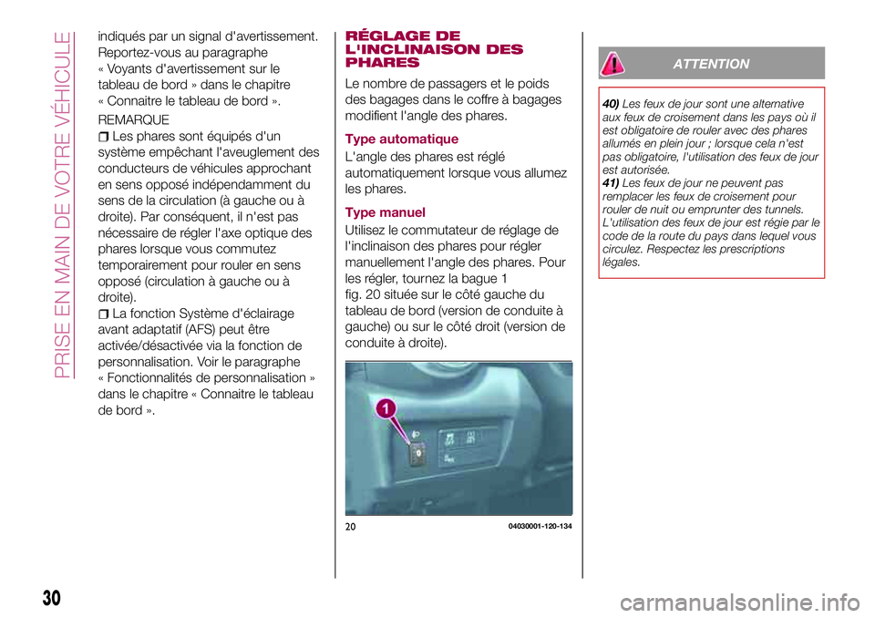 FIAT 124 SPIDER 2018 Notice dentretien (in French) indiqués par un signal d'avertissement.
Reportez-vous au paragraphe
« Voyants d'avertissement sur le
tableau de bord » dans le chapitre
« Connaitre le tableau de bord ».
REMARQUE
Les phar FIAT 124 SPIDER 2018 Notice dentretien (in French) indiqués par un signal d'avertissement.
Reportez-vous au paragraphe
« Voyants d'avertissement sur le
tableau de bord » dans le chapitre
« Connaitre le tableau de bord ».
REMARQUE
Les phar