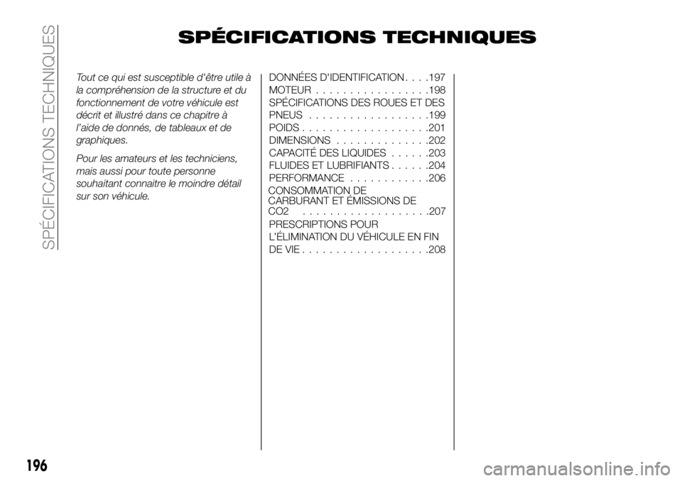 FIAT 124 SPIDER 2021  Notice dentretien (in French) SPÉCIFICATIONS TECHNIQUES
Tout ce qui est susceptible d'être utile à
la compréhension de la structure et du
fonctionnement de votre véhicule est
décrit et illustré dans ce chapitre à
l’a