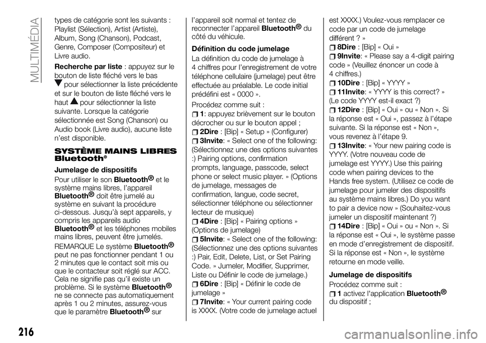 FIAT 124 SPIDER 2021 Notice dentretien (in French) types de catégorie sont les suivants :
Playlist (Sélection), Artist (Artiste),
Album, Song (Chanson), Podcast,
Genre, Composer (Compositeur) et
Livre audio.
Recherche par liste: appuyez sur le
bouto FIAT 124 SPIDER 2021 Notice dentretien (in French) types de catégorie sont les suivants :
Playlist (Sélection), Artist (Artiste),
Album, Song (Chanson), Podcast,
Genre, Composer (Compositeur) et
Livre audio.
Recherche par liste: appuyez sur le
bouto