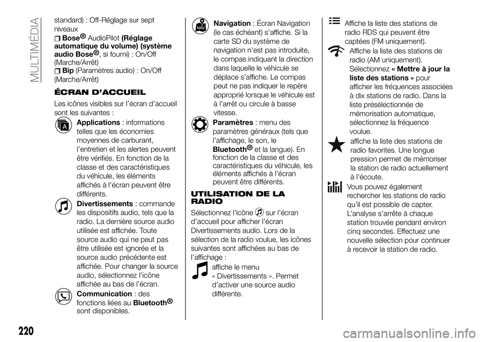 FIAT 124 SPIDER 2021 Notice dentretien (in French) standard) : Off-Réglage sur sept
niveaux
Bose®
AudioPilot(Réglage
automatique du volume) (système
audio Bose
®
, si fourni) : On/Off
(Marche/Arrêt)
Bip(Paramètres audio) : On/Off
(Marche/Arrêt FIAT 124 SPIDER 2021 Notice dentretien (in French) standard) : Off-Réglage sur sept
niveaux
Bose®
AudioPilot(Réglage
automatique du volume) (système
audio Bose
®
, si fourni) : On/Off
(Marche/Arrêt)
Bip(Paramètres audio) : On/Off
(Marche/Arrêt