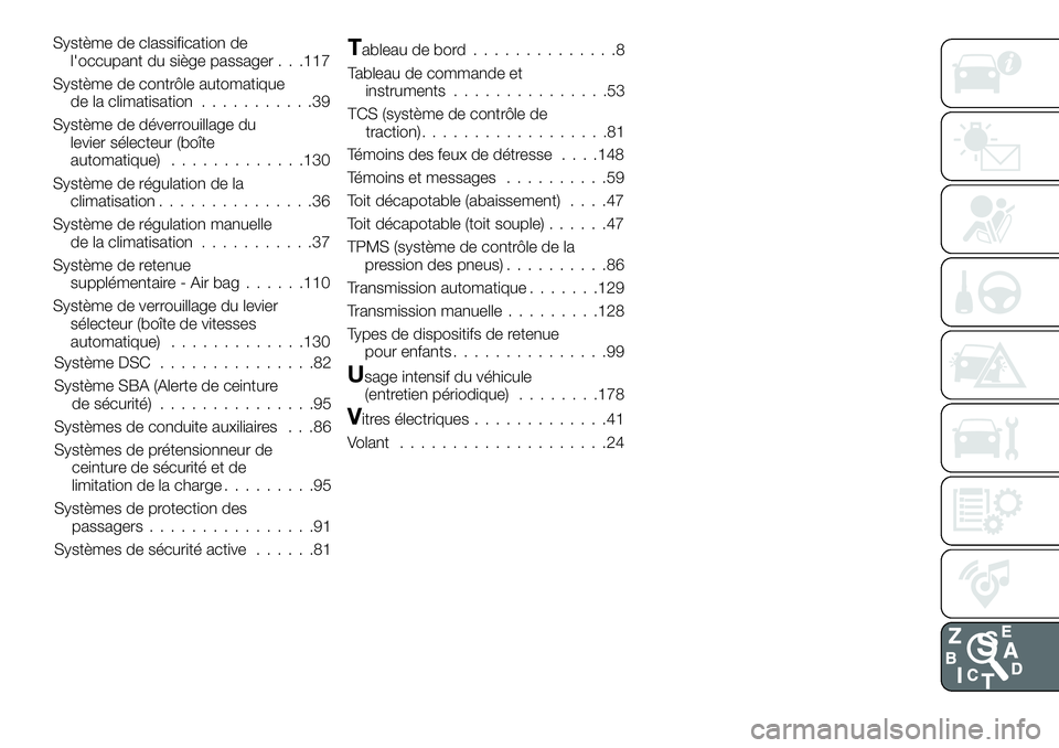 FIAT 124 SPIDER 2020  Notice dentretien (in French) Système de classification de
l'occupant du siège passager . . .117
Système de contrôle automatique
de la climatisation...........39
Système de déverrouillage du
levier sélecteur (boîte
aut