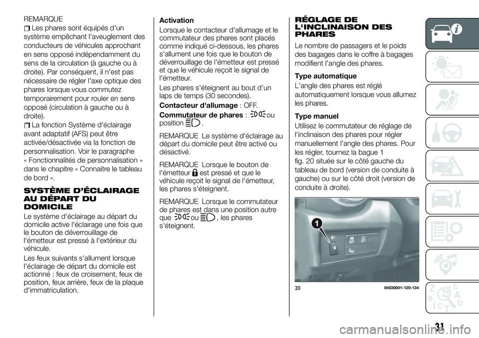 FIAT 124 SPIDER 2021 Notice dentretien (in French) REMARQUE
Les phares sont équipés d'un
système empêchant l'aveuglement des
conducteurs de véhicules approchant
en sens opposé indépendamment du
sens de la circulation (à gauche ou à
dr FIAT 124 SPIDER 2021 Notice dentretien (in French) REMARQUE
Les phares sont équipés d'un
système empêchant l'aveuglement des
conducteurs de véhicules approchant
en sens opposé indépendamment du
sens de la circulation (à gauche ou à
dr