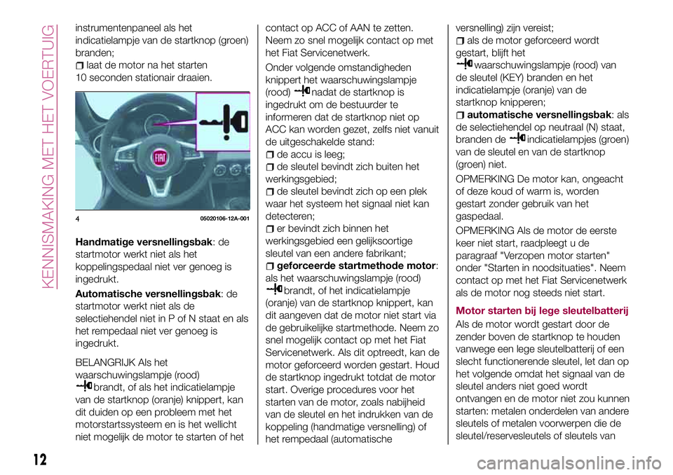 FIAT 124 SPIDER 2018 Instructieboek (in Dutch) instrumentenpaneel als het
indicatielampje van de startknop (groen)
branden;
laat de motor na het starten
10 seconden stationair draaien.
Handmatige versnellingsbak:de
startmotor werkt niet als het
ko FIAT 124 SPIDER 2018 Instructieboek (in Dutch) instrumentenpaneel als het
indicatielampje van de startknop (groen)
branden;
laat de motor na het starten
10 seconden stationair draaien.
Handmatige versnellingsbak:de
startmotor werkt niet als het
ko