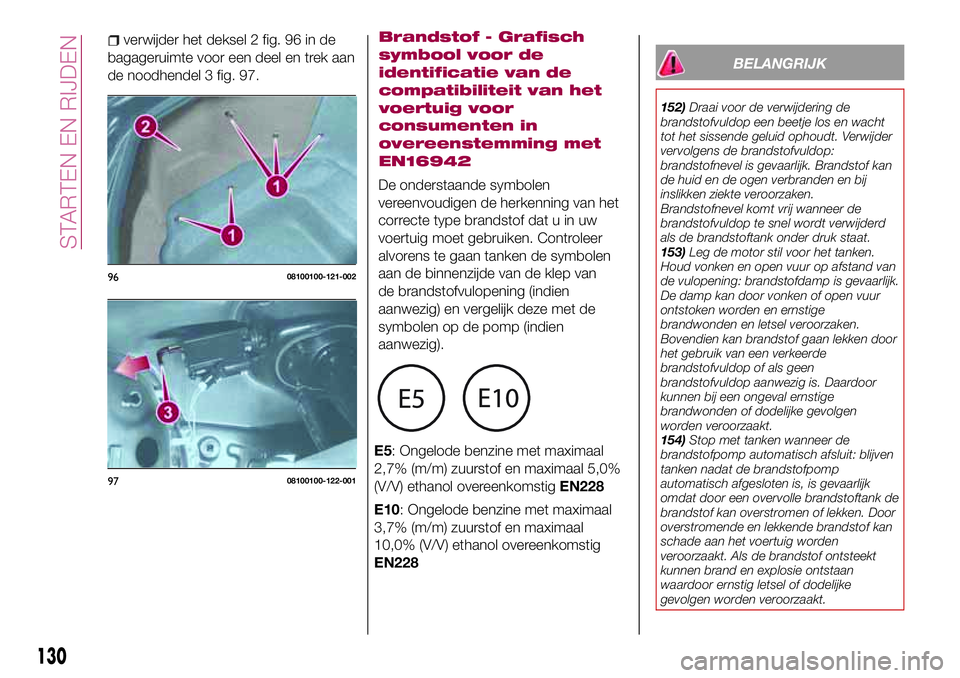 FIAT 124 SPIDER 2018 Instructieboek (in Dutch) verwijder het deksel 2 fig. 96 in de
bagageruimte voor een deel en trek aan
de noodhendel 3 fig. 97.
BELANGRIJK
152)Draai voor de verwijdering de
brandstofvuldop een beetje los en wacht
tot het sissen FIAT 124 SPIDER 2018 Instructieboek (in Dutch) verwijder het deksel 2 fig. 96 in de
bagageruimte voor een deel en trek aan
de noodhendel 3 fig. 97.
BELANGRIJK
152)Draai voor de verwijdering de
brandstofvuldop een beetje los en wacht
tot het sissen
