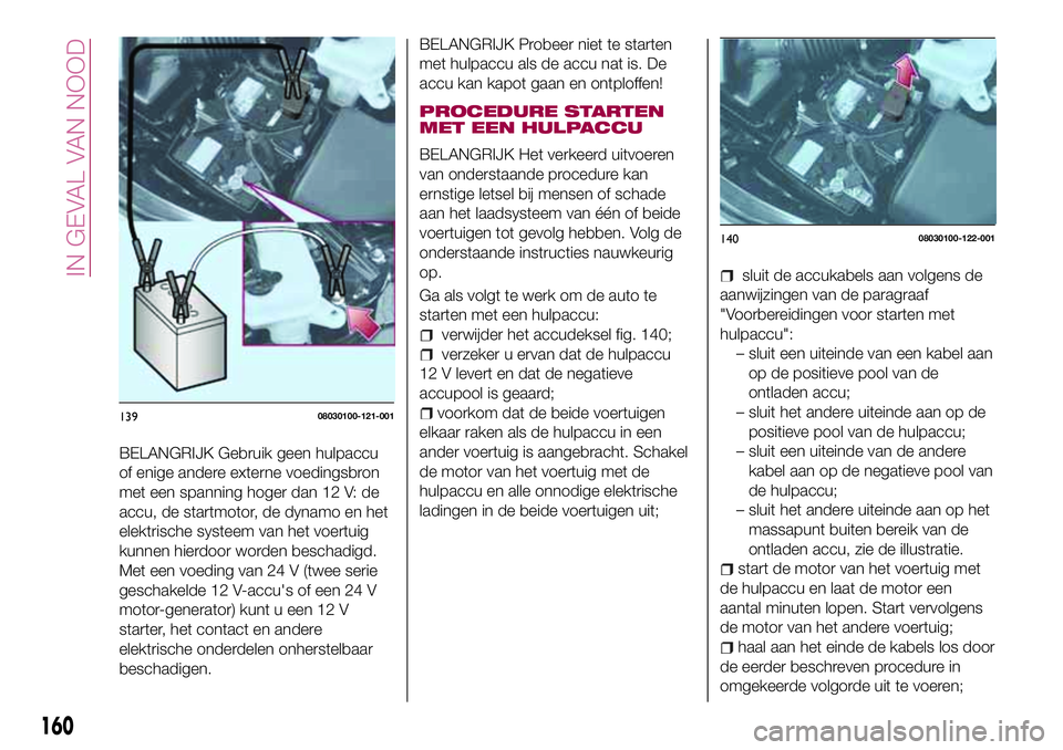 FIAT 124 SPIDER 2018  Instructieboek (in Dutch) BELANGRIJK Gebruik geen hulpaccu
of enige andere externe voedingsbron
met een spanning hoger dan 12 V: de
accu, de startmotor, de dynamo en het
elektrische systeem van het voertuig
kunnen hierdoor wor