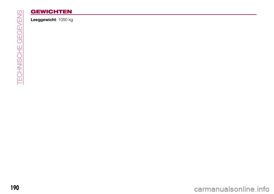 FIAT 124 SPIDER 2018  Instructieboek (in Dutch) GEWICHTEN
Leeggewicht: 1050 kg
190
TECHNISCHE GEGEVENS 