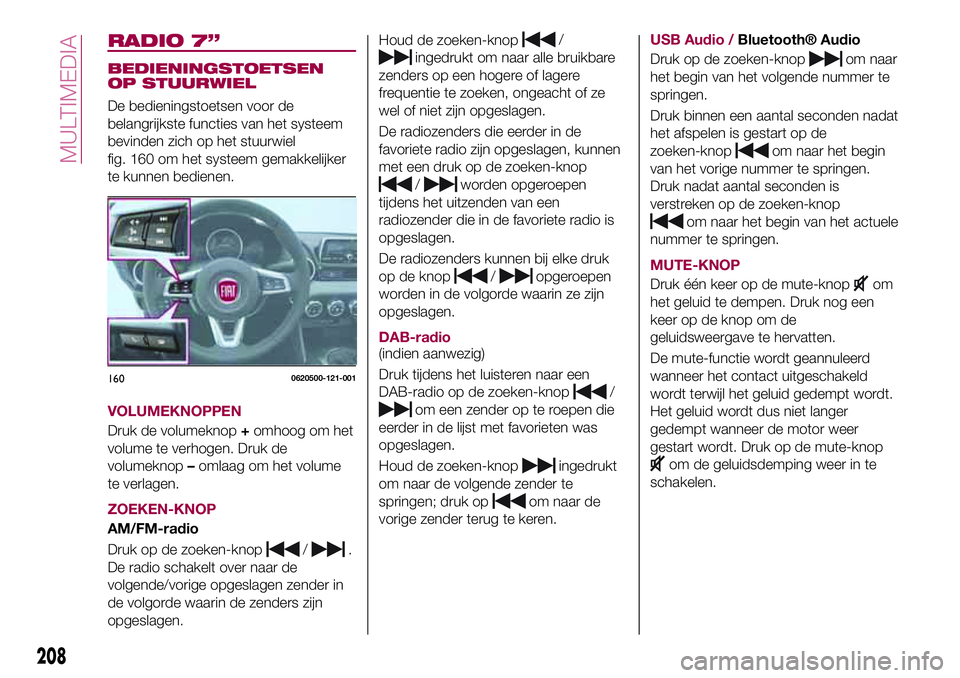 FIAT 124 SPIDER 2018 Instructieboek (in Dutch) RADIO 7”
BEDIENINGSTOETSEN
OP STUURWIEL
De bedieningstoetsen voor de
belangrijkste functies van het systeem
bevinden zich op het stuurwiel
fig. 160 om het systeem gemakkelijker
te kunnen bedienen.
V FIAT 124 SPIDER 2018 Instructieboek (in Dutch) RADIO 7”
BEDIENINGSTOETSEN
OP STUURWIEL
De bedieningstoetsen voor de
belangrijkste functies van het systeem
bevinden zich op het stuurwiel
fig. 160 om het systeem gemakkelijker
te kunnen bedienen.
V