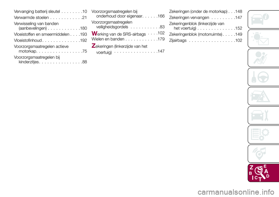 FIAT 124 SPIDER 2018  Instructieboek (in Dutch) Vervanging batterij sleutel........10
Verwarmde stoelen............21
Verwisseling van banden
(aanbevelingen)............180
Vloeistoffen en smeermiddelen. . . .193
Vloeistofinhoud..............192
Vo