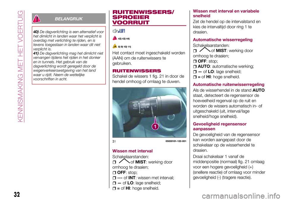 FIAT 124 SPIDER 2018  Instructieboek (in Dutch) BELANGRIJK
40)De dagverlichting is een alternatief voor
het dimlicht in landen waar het verplicht is
overdag met verlichting te rijden, en is
tevens toegestaan in landen waar dit niet
verplicht is.
41