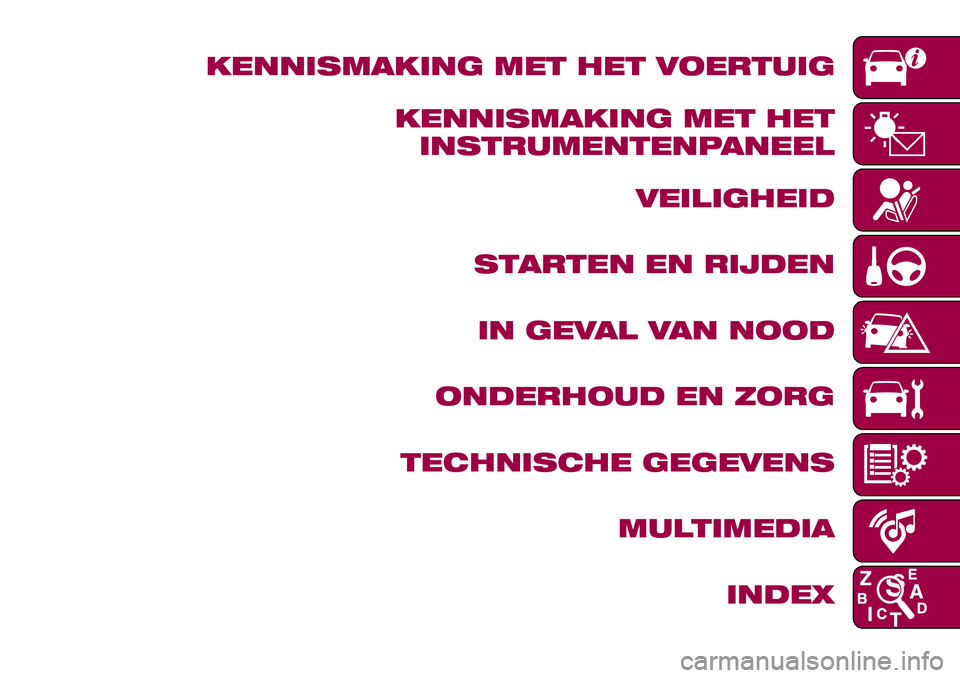 FIAT 124 SPIDER 2018  Instructieboek (in Dutch) KENNISMAKING MET HET VOERTUIG
KENNISMAKING MET HET
INSTRUMENTENPANEEL
VEILIGHEID
STARTEN EN RIJDEN
IN GEVAL VAN NOOD
ONDERHOUD EN ZORG
TECHNISCHE GEGEVENS
MULTIMEDIA
INDEX 
