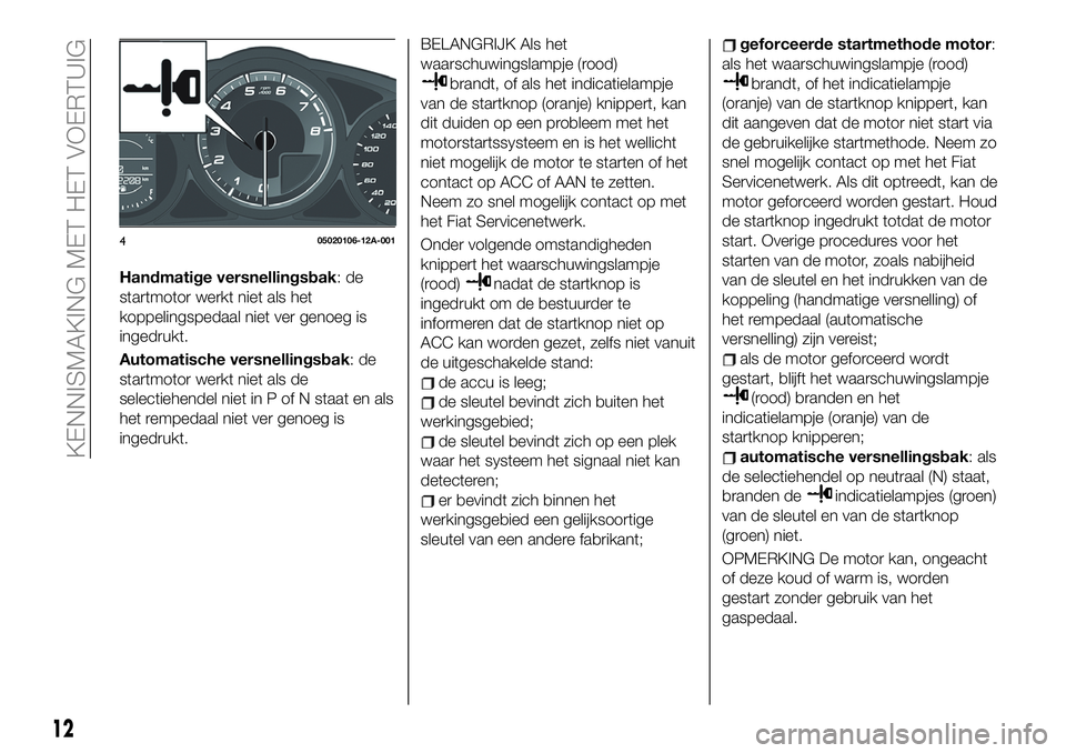 FIAT 124 SPIDER 2021 Instructieboek (in Dutch) Handmatige versnellingsbak:de
startmotor werkt niet als het
koppelingspedaal niet ver genoeg is
ingedrukt.
Automatische versnellingsbak:de
startmotor werkt niet als de
selectiehendel niet in P of N st FIAT 124 SPIDER 2021 Instructieboek (in Dutch) Handmatige versnellingsbak:de
startmotor werkt niet als het
koppelingspedaal niet ver genoeg is
ingedrukt.
Automatische versnellingsbak:de
startmotor werkt niet als de
selectiehendel niet in P of N st