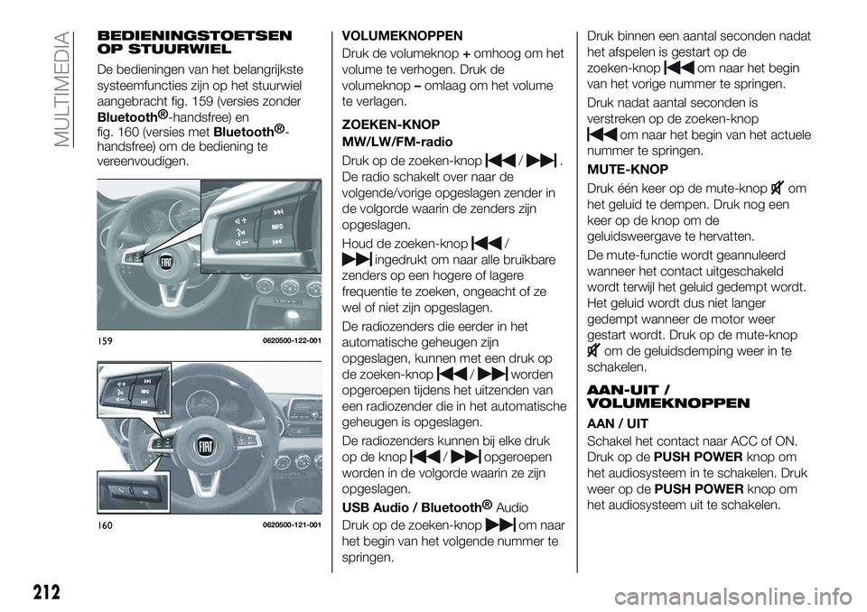 FIAT 124 SPIDER 2019  Instructieboek (in Dutch) BEDIENINGSTOETSEN
OP STUURWIEL
De bedieningen van het belangrijkste
systeemfuncties zijn op het stuurwiel
aangebracht fig. 159 (versies zonder
Bluetooth®
-handsfree) en
fig. 160 (versies met
Bluetoot