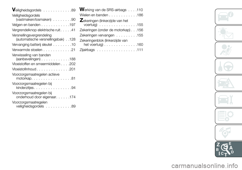 FIAT 124 SPIDER 2021  Instructieboek (in Dutch) Veiligheidsgordels............89
Veiligheidsgordels
(vastmaken/losmaken)........90
Velgen en banden............197
Vergrendelknop elektrische ruit.....41
Versnellingsvergrendeling
(automatische versne