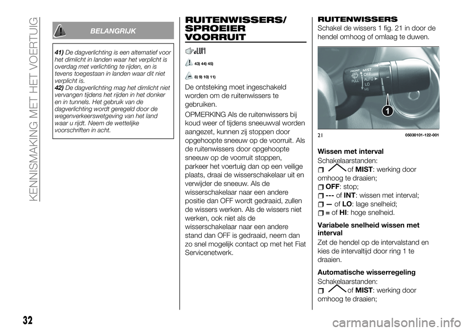 FIAT 124 SPIDER 2021 Instructieboek (in Dutch) BELANGRIJK
41)De dagverlichting is een alternatief voor
het dimlicht in landen waar het verplicht is
overdag met verlichting te rijden, en is
tevens toegestaan in landen waar dit niet
verplicht is.
42 FIAT 124 SPIDER 2021 Instructieboek (in Dutch) BELANGRIJK
41)De dagverlichting is een alternatief voor
het dimlicht in landen waar het verplicht is
overdag met verlichting te rijden, en is
tevens toegestaan in landen waar dit niet
verplicht is.
42