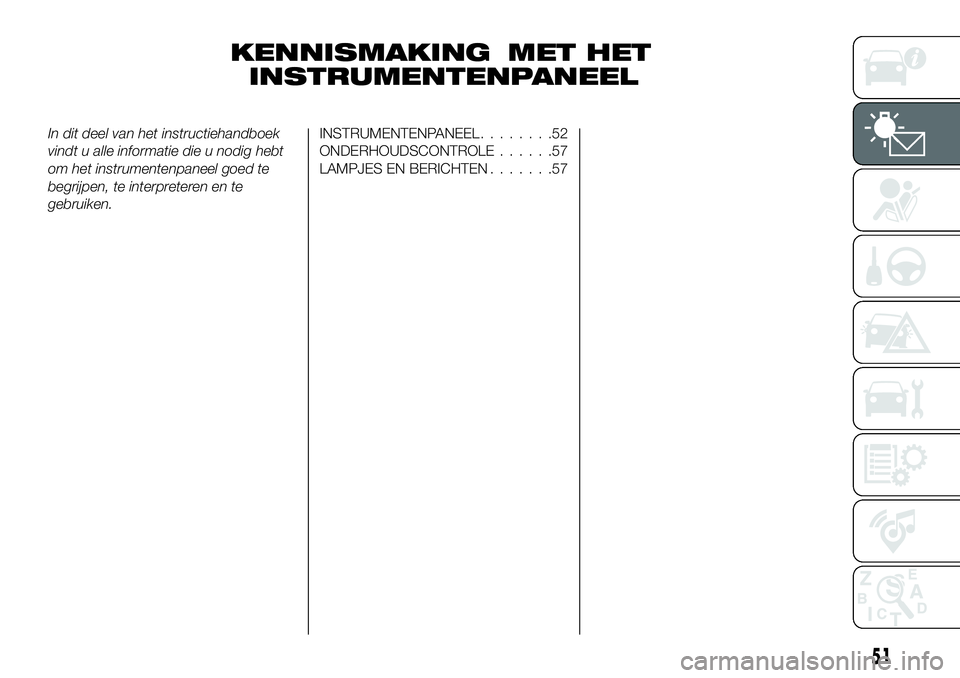 FIAT 124 SPIDER 2021 Instructieboek (in Dutch) KENNISMAKING MET HET
INSTRUMENTENPANEEL
In dit deel van het instructiehandboek
vindt u alle informatie die u nodig hebt
om het instrumentenpaneel goed te
begrijpen, te interpreteren en te
gebruiken.IN FIAT 124 SPIDER 2021 Instructieboek (in Dutch) KENNISMAKING MET HET
INSTRUMENTENPANEEL
In dit deel van het instructiehandboek
vindt u alle informatie die u nodig hebt
om het instrumentenpaneel goed te
begrijpen, te interpreteren en te
gebruiken.IN