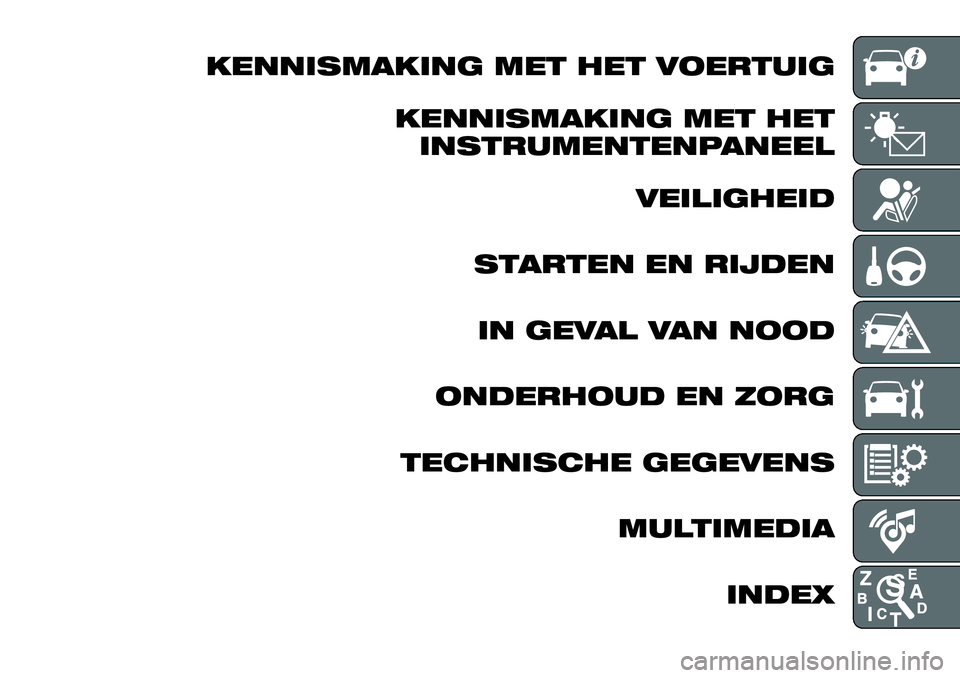 FIAT 124 SPIDER 2021  Instructieboek (in Dutch) KENNISMAKING MET HET VOERTUIG
KENNISMAKING MET HET
INSTRUMENTENPANEEL
VEILIGHEID
STARTEN EN RIJDEN
IN GEVAL VAN NOOD
ONDERHOUD EN ZORG
TECHNISCHE GEGEVENS
MULTIMEDIA
INDEX 