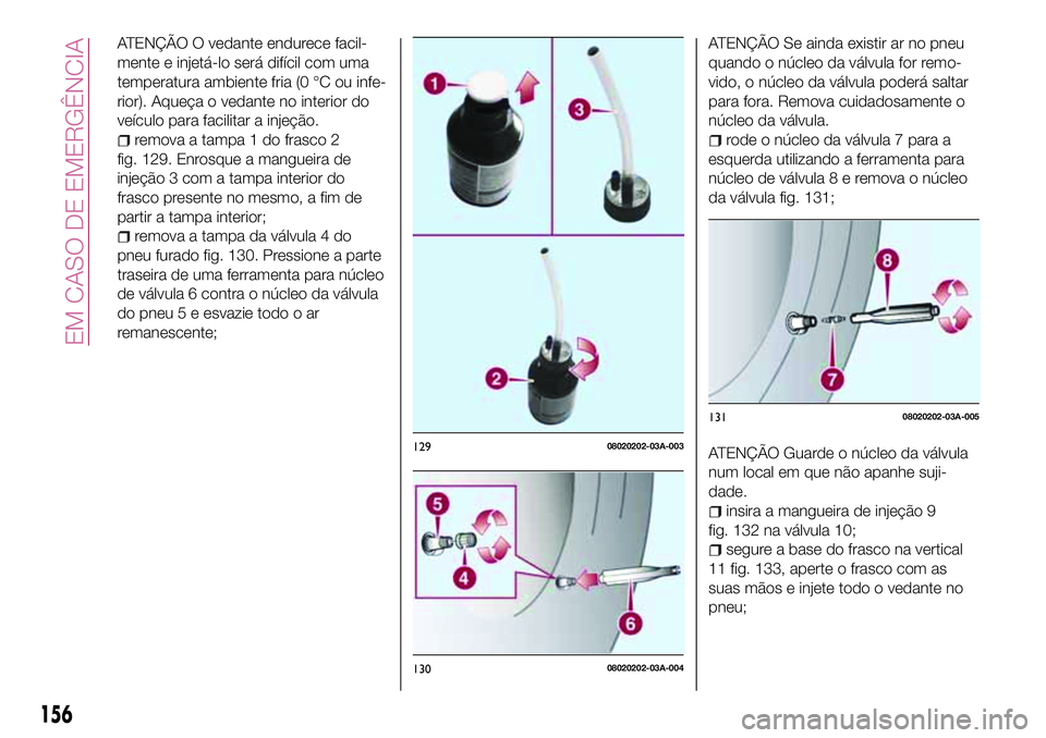 FIAT 124 SPIDER 2018 Manual de Uso e Manutenção (in Portuguese) ATENÇÃO O vedante endurece facil-
mente e injetá-lo será difícil com uma
temperatura ambiente fria (0 °C ou infe-
rior). Aqueça o vedante no interior do
veículo para facilitar a injeção.
rem FIAT 124 SPIDER 2018 Manual de Uso e Manutenção (in Portuguese) ATENÇÃO O vedante endurece facil-
mente e injetá-lo será difícil com uma
temperatura ambiente fria (0 °C ou infe-
rior). Aqueça o vedante no interior do
veículo para facilitar a injeção.
rem