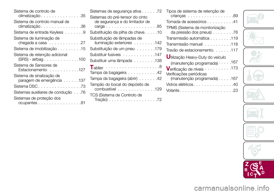 FIAT 124 SPIDER 2018 Manual de Uso e Manutenção (in Portuguese) Sistema de controlo de
climatização...............35
Sistema de controlo manual de
climatização...............36
Sistema de entrada Keyless.......9
Sistema de iluminação de
chegada a casa....... FIAT 124 SPIDER 2018 Manual de Uso e Manutenção (in Portuguese) Sistema de controlo de
climatização...............35
Sistema de controlo manual de
climatização...............36
Sistema de entrada Keyless.......9
Sistema de iluminação de
chegada a casa.......