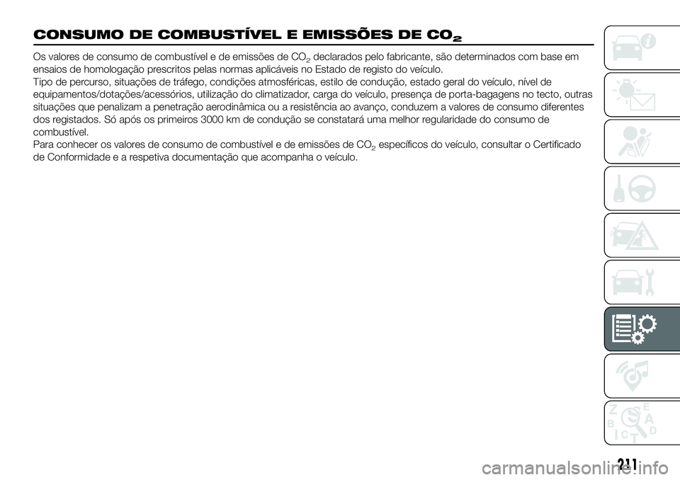 FIAT 124 SPIDER 2021 Manual de Uso e Manutenção (in Portuguese) 211
CONSUMO DE COMBUSTÍVEL E EMISSÕES DE CO2
Os valores de consumo de combustível e de emissões de CO2declarados pelo fabricante, são determinados com base em
ensaios de homologação prescritos FIAT 124 SPIDER 2021 Manual de Uso e Manutenção (in Portuguese) 211
CONSUMO DE COMBUSTÍVEL E EMISSÕES DE CO2
Os valores de consumo de combustível e de emissões de CO2declarados pelo fabricante, são determinados com base em
ensaios de homologação prescritos