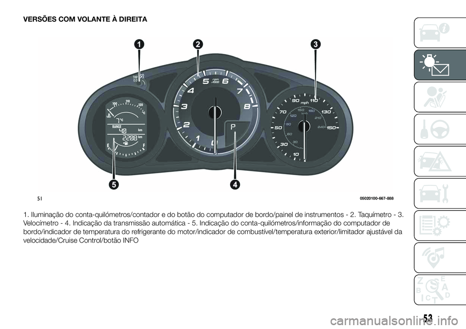 FIAT 124 SPIDER 2021 Manual de Uso e Manutenção (in Portuguese) VERSÕES COM VOLANTE À DIREITA
1. Iluminação do conta-quilómetros/contador e do botão do computador de bordo/painel de instrumentos - 2. Taquímetro - 3.
Velocímetro - 4. Indicação da transmis FIAT 124 SPIDER 2021 Manual de Uso e Manutenção (in Portuguese) VERSÕES COM VOLANTE À DIREITA
1. Iluminação do conta-quilómetros/contador e do botão do computador de bordo/painel de instrumentos - 2. Taquímetro - 3.
Velocímetro - 4. Indicação da transmis