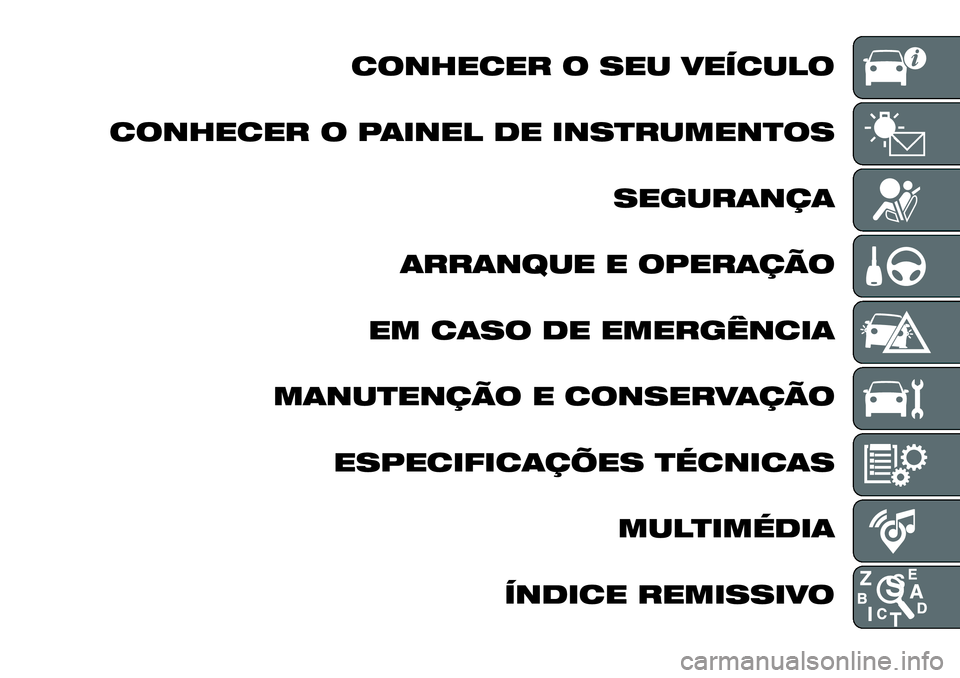 FIAT 124 SPIDER 2020 Manual de Uso e Manutenção (in Portuguese) CONHECER O SEU VEÍCULO
CONHECER O PAINEL DE INSTRUMENTOS
SEGURANÇA
ARRANQUE E OPERAÇÃO
EM CASO DE EMERGÊNCIA
MANUTENÇÃO E CONSERVAÇÃO
ESPECIFICAÇÕES TÉCNICAS
MULTIMÉDIA
ÍNDICE REMISSIVO FIAT 124 SPIDER 2020 Manual de Uso e Manutenção (in Portuguese) CONHECER O SEU VEÍCULO
CONHECER O PAINEL DE INSTRUMENTOS
SEGURANÇA
ARRANQUE E OPERAÇÃO
EM CASO DE EMERGÊNCIA
MANUTENÇÃO E CONSERVAÇÃO
ESPECIFICAÇÕES TÉCNICAS
MULTIMÉDIA
ÍNDICE REMISSIVO