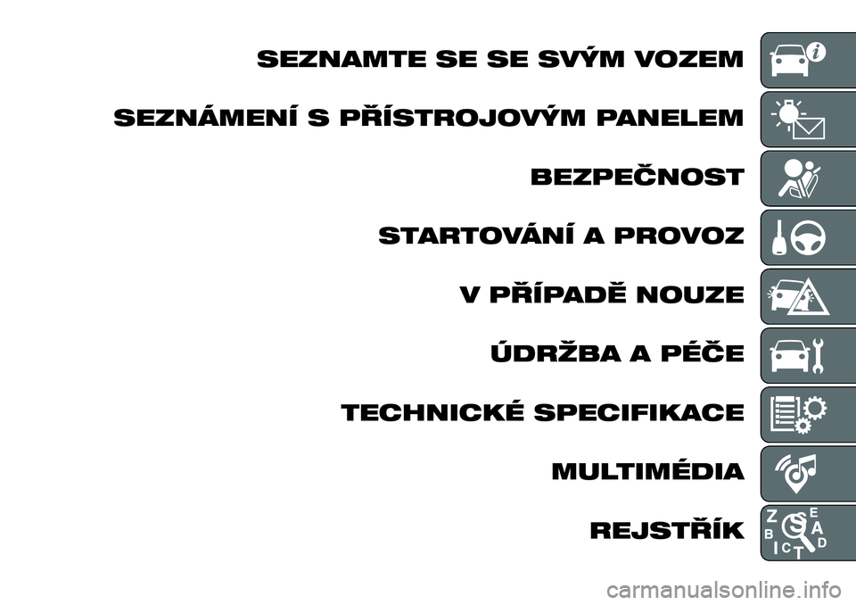 FIAT 124 SPIDER 2020  Návod k použití a údržbě (in Czech) SEZNAMTE SE SE SVÝM VOZEM
SEZNÁMENÍ S PŘÍSTROJOVÝM PANELEM
BEZPEČNOST
STARTOVÁNÍ A PROVOZ
V PŘÍPADĚ NOUZE
ÚDRŽBA A PÉČE
TECHNICKÉ SPECIFIKACE
MULTIMÉDIA
REJSTŘÍK 