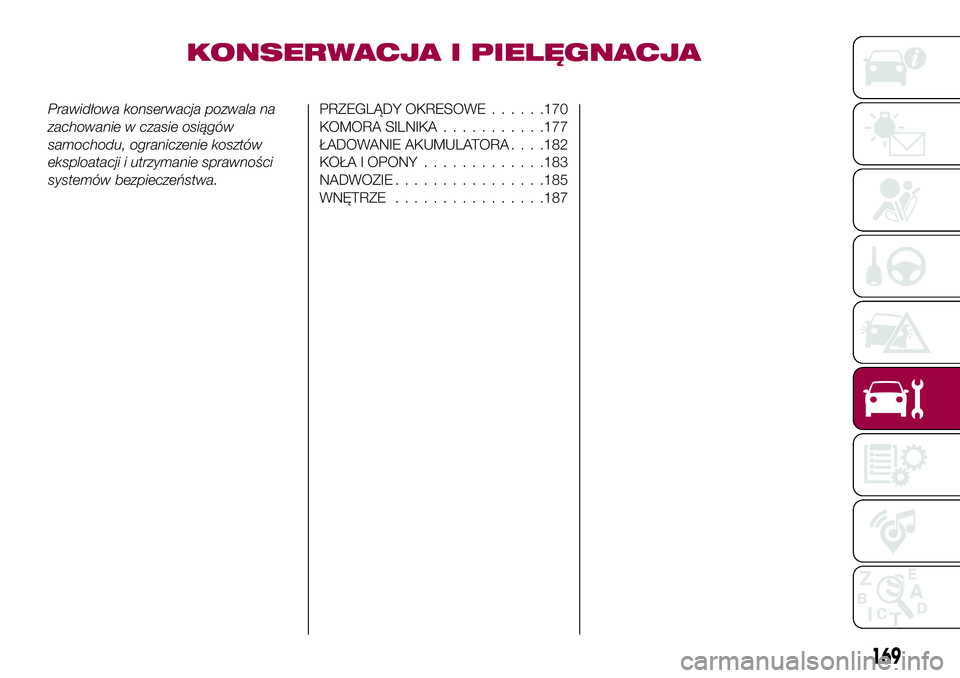 FIAT 124 SPIDER 2018  Instrukcja obsługi (in Polish) KONSERWACJA I PIELĘGNACJA
Prawidłowa konserwacja pozwala na
zachowanie w czasie osiągów
samochodu, ograniczenie kosztów
eksploatacji i utrzymanie sprawności
systemów bezpieczeństwa.PRZEGLĄDY 