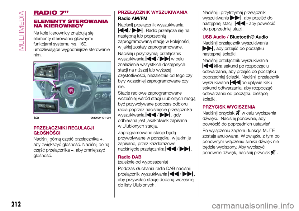 FIAT 124 SPIDER 2018  Instrukcja obsługi (in Polish) RADIO 7”
ELEMENTY STEROWANIA
NA KIEROWNICY
Na kole kierownicy znajdują się
elementy sterowania głównymi
funkcjami systemu rys. 160,
umożliwiające wygodniejsze sterowanie
nim.
PRZEŁĄCZNIKI RE