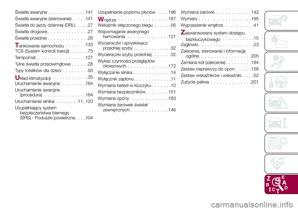 FIAT 124 SPIDER 2018  Instrukcja obsługi (in Polish) Światła awaryjne.............141
Światła awaryjne (sterowanie).....141
Światła do jazdy dziennej (DRL)....27
Światła drogowe..............27
Światła przednie..............26
Tankowanie samoc