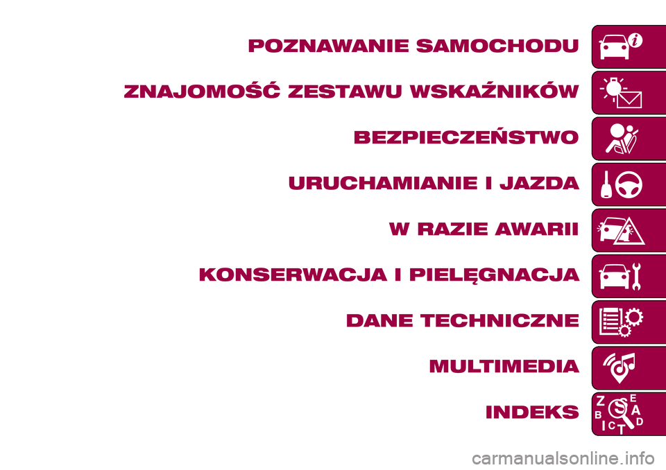 FIAT 124 SPIDER 2018 Instrukcja obsługi (in Polish) POZNAWANIE SAMOCHODU
ZNAJOMOŚĆ ZESTAWU WSKAŹNIKÓW
BEZPIECZEŃSTWO
URUCHAMIANIE I JAZDA
W RAZIE AWARII
KONSERWACJA I PIELĘGNACJA
DANE TECHNICZNE
MULTIMEDIA
INDEKS FIAT 124 SPIDER 2018 Instrukcja obsługi (in Polish) POZNAWANIE SAMOCHODU
ZNAJOMOŚĆ ZESTAWU WSKAŹNIKÓW
BEZPIECZEŃSTWO
URUCHAMIANIE I JAZDA
W RAZIE AWARII
KONSERWACJA I PIELĘGNACJA
DANE TECHNICZNE
MULTIMEDIA
INDEKS